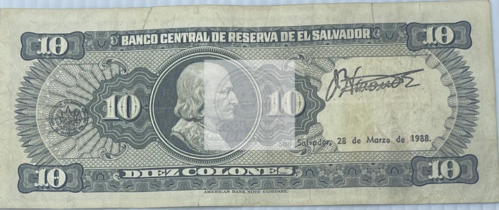 El Salvador 1988 10 Colones P-135b Used World Banknote - Cool Coins & Notes