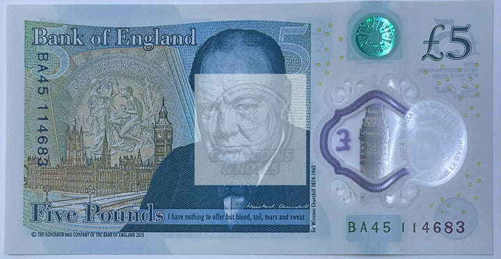 England 2015 5 Pounds P394 UNC Polymer Churchill Queen Elizabeth - Cool Coins & Notes