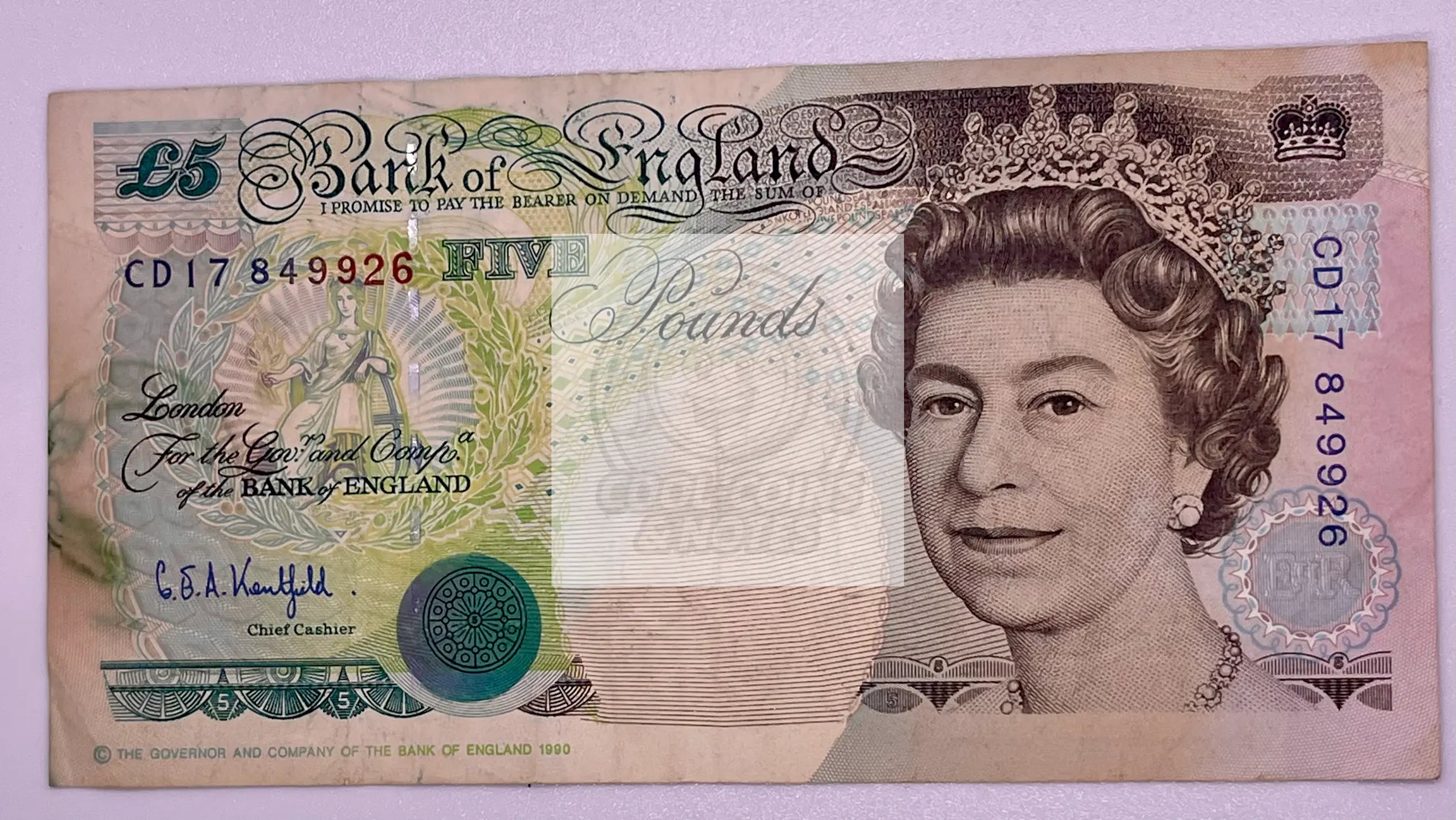 England 5 Pounds 1990(91) Banknote P-382b, Used World Banknote - Cool Coins & Notes
