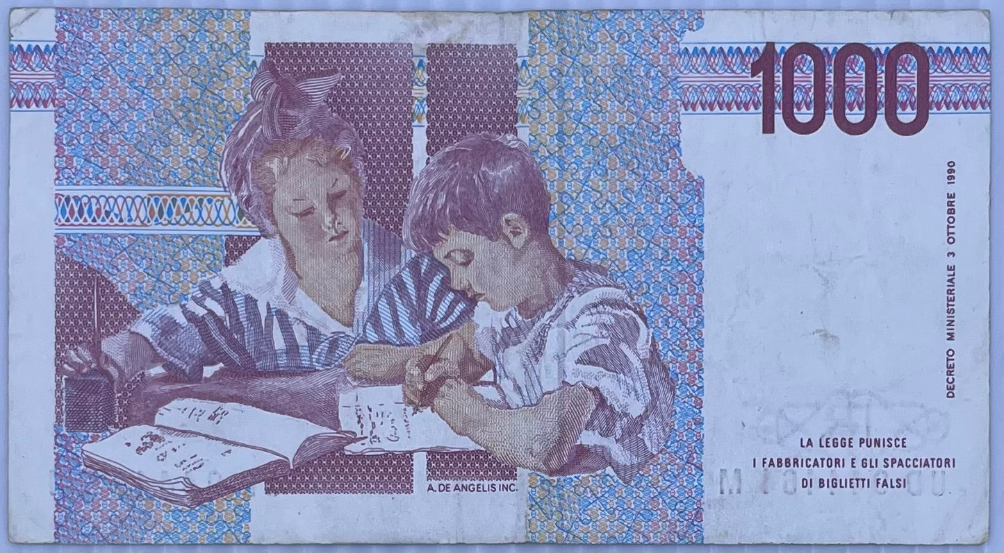 Italy 1991 1,000 Lire banknote featuring Maria Montessori portrait, circulated condition, historical Italian currency before Euro.