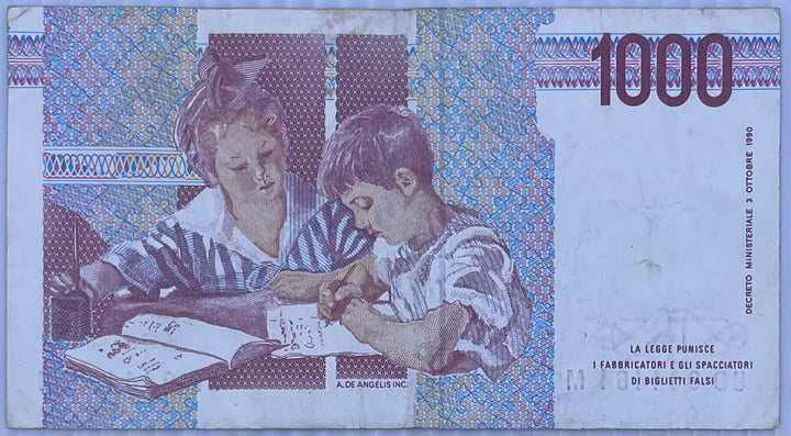 Italy 1991 1,000 Lire banknote featuring Maria Montessori portrait, circulated condition, historical Italian currency before Euro.