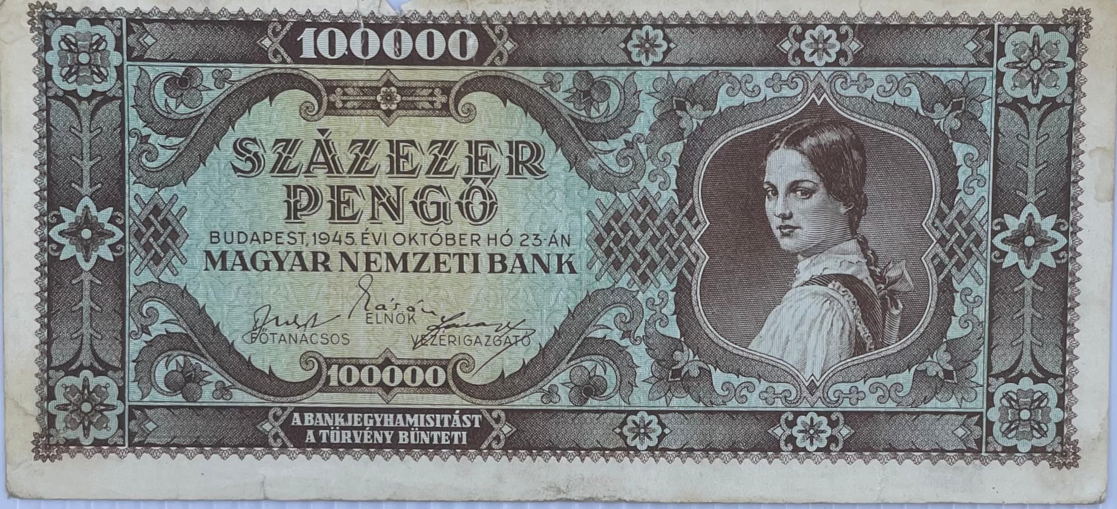 Hungary 1945 100000 Milpengo P-120 Circulated World Banknote From Lot