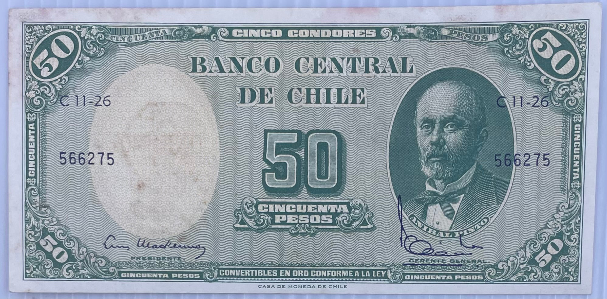Chile 1060-1961 50 Centesimos P-126 AUNC Overprint on 50 Pesos World Banknote From Lot