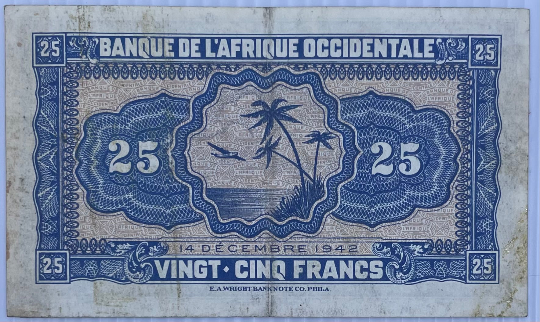 1942 French West Africa 25 France P-30 Circulated World Banknote