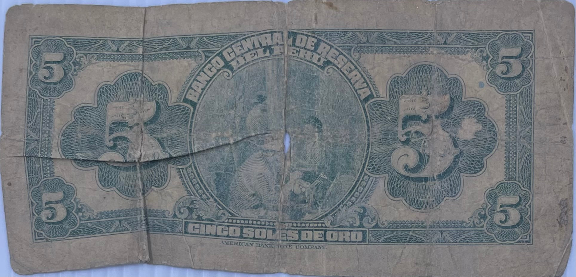 1941 Peru 5 Soles De Oro Used World Banknote