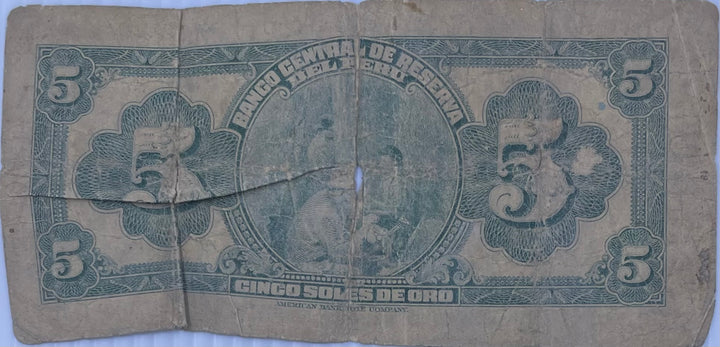 1941 Peru 5 Soles De Oro Used World Banknote