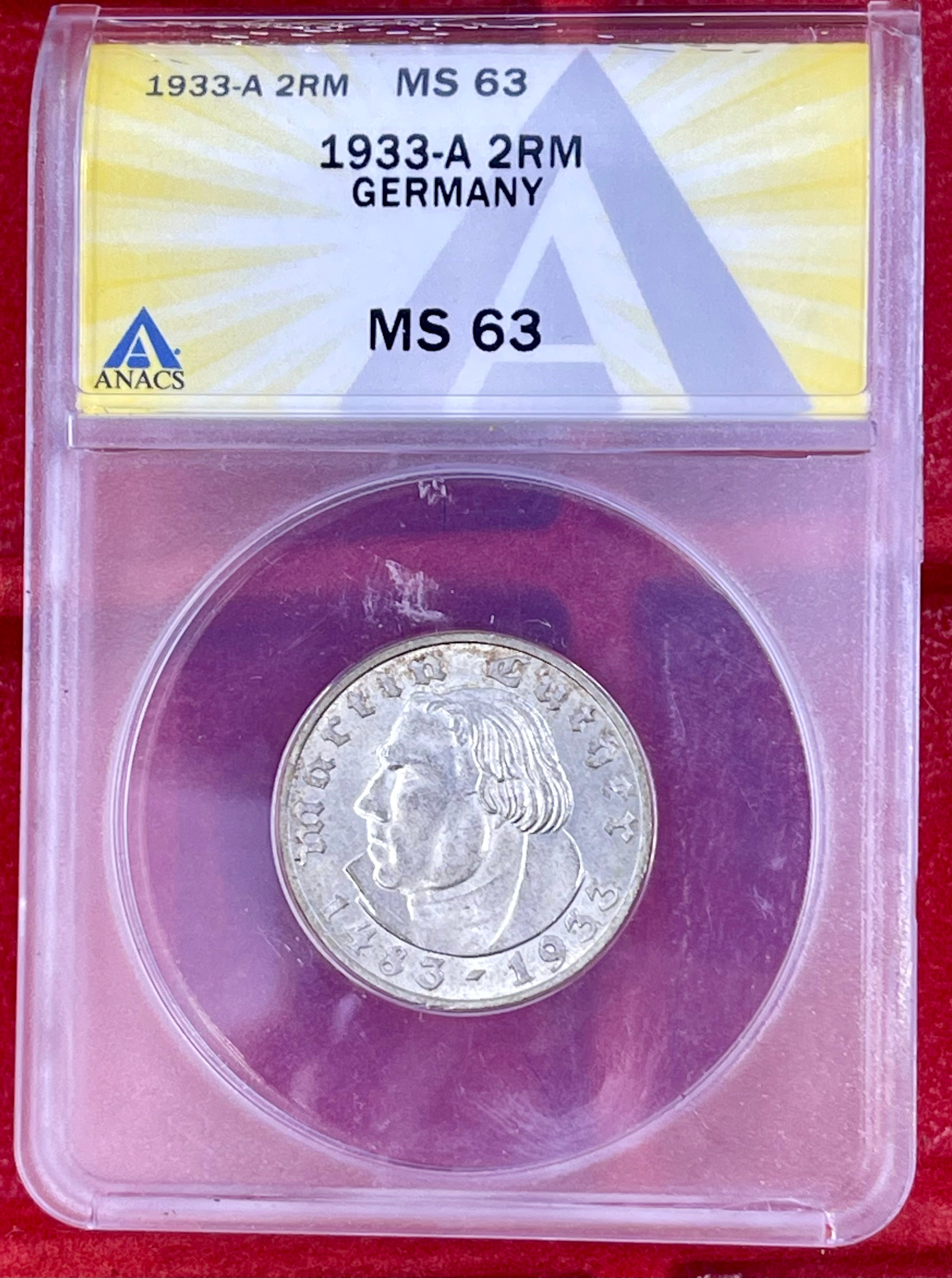 Germany Third Reich 1933-A 2 Mark Luther KM-79 ANACS MS 63 Coin