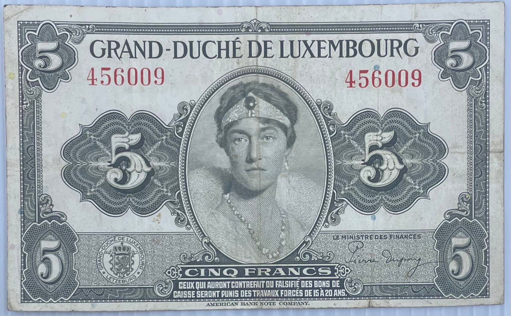 Luxembourg 1944 5 Francs P43a vintage banknote WWII era collectible currency