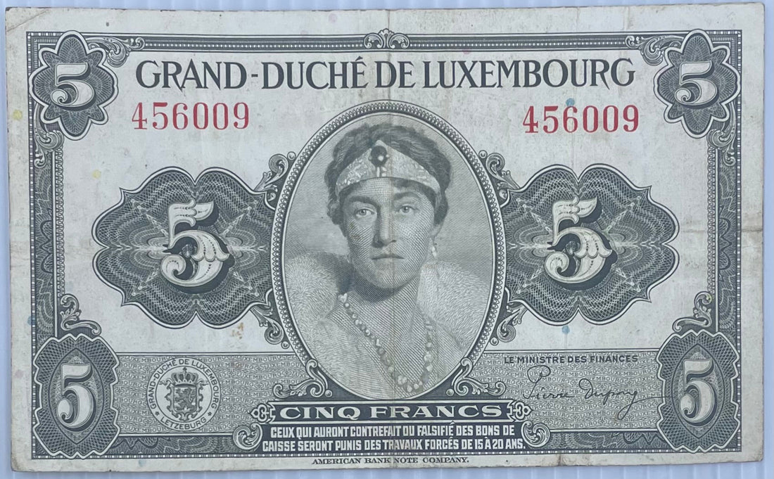 Luxembourg 1944 5 Francs P43a vintage banknote WWII era collectible currency