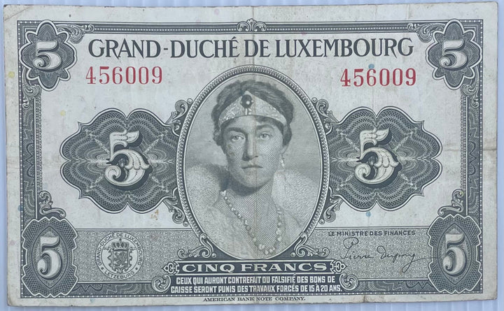 Luxembourg 1944 5 Francs P43a vintage banknote WWII era collectible currency