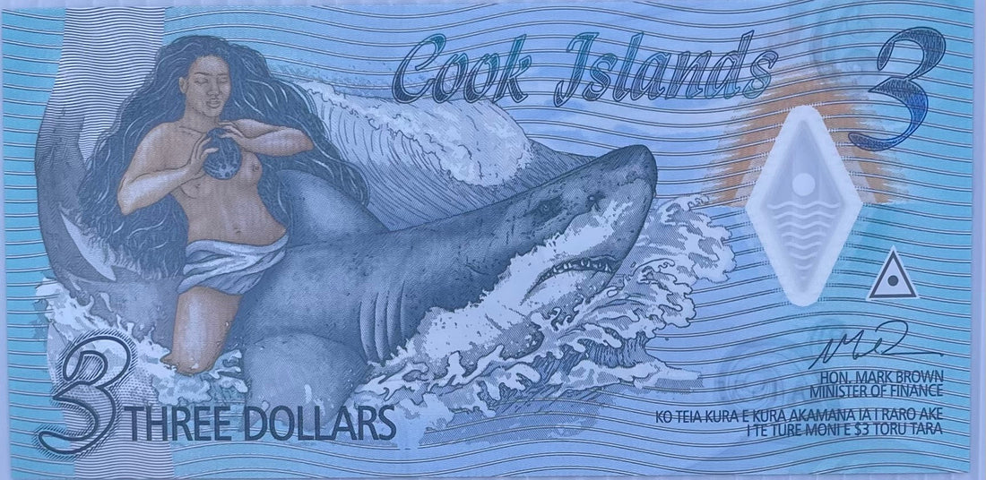 Cook Islands 3 Dollars Polymer 2021 banknote showing tropical landscapes and cultural motifs