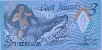 Cook Islands 3 Dollars Polymer 2021 banknote showing tropical landscapes and cultural motifs