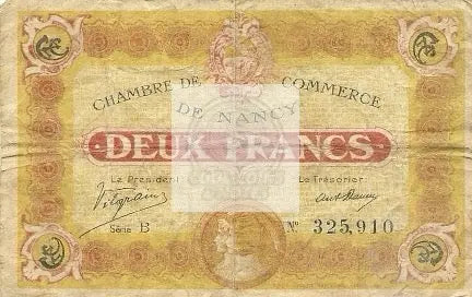 Chambre de Commerce de NANCY Deux Francs banknote dated 11-11-1918 commemorating WW1 armistice