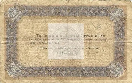 Chambre de Commerce de Nancy Deux Francs banknote dated 11-11-1918 commemorating WW1 Armistice