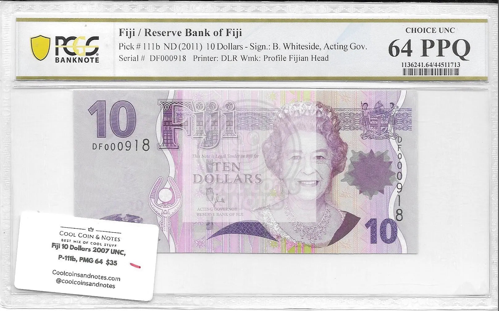 Fiji 10 Dollars 2007 UNC, P-111b, PMG 64 PPQ Choice UNC Banknote - Cool Coins & Notes