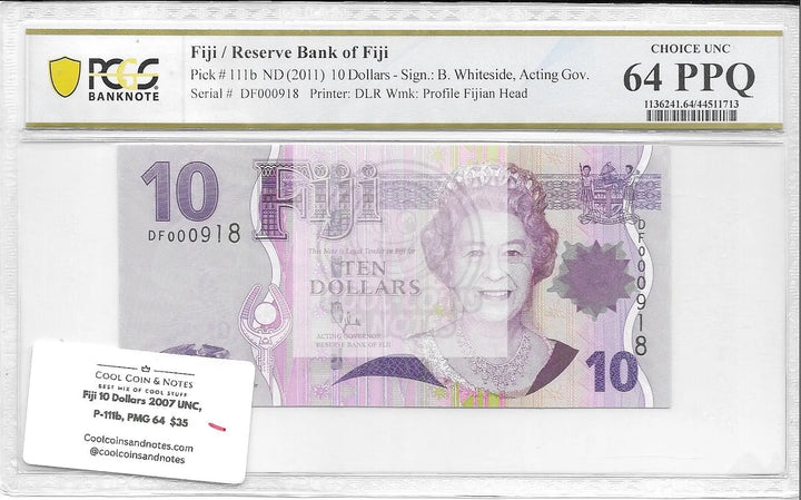 Fiji 10 Dollars 2007 UNC, P-111b, PMG 64 PPQ Choice UNC Banknote - Cool Coins & Notes