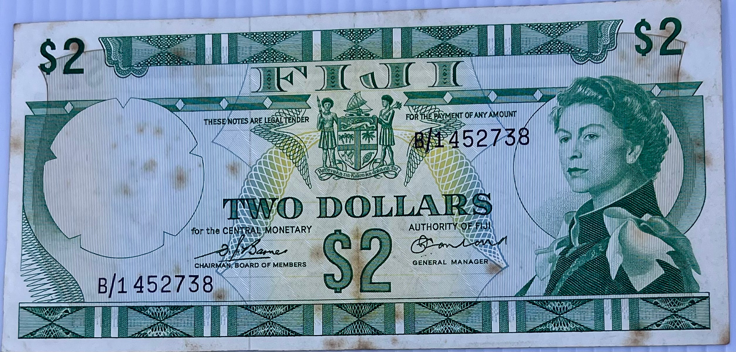 Fiji 1974 2 Dollar Pick# 72 – Queen Elizabeth II Used Banknote - Cool Coins & Notes