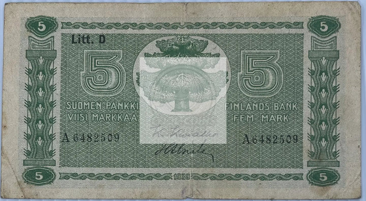 Finland 1939 5 Markkaa P-69a, Used World Banknote - Cool Coins & Notes