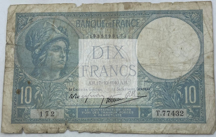 France 10 FRANCS 1940 P84 WW2, Used World Banknote - Cool Coins & Notes