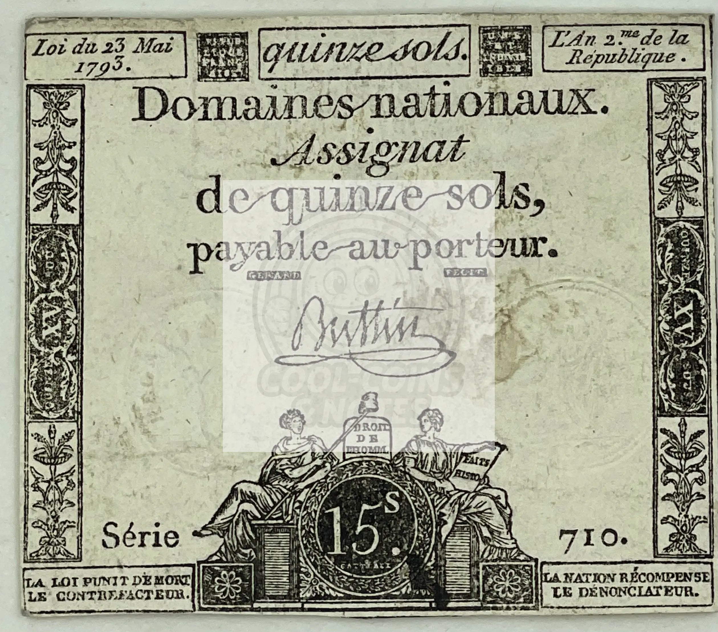 1793 France 15 Sols banknote from May 23, 1793, Series 710, featuring revolutionary symbols and intricate engravings