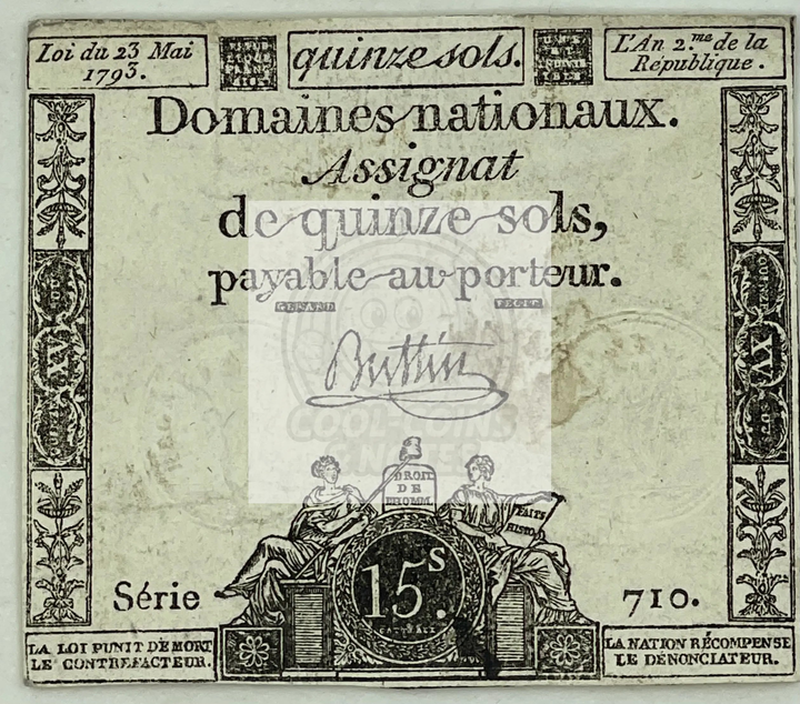 1793 France 15 Sols banknote from May 23, 1793, Series 710, featuring revolutionary symbols and intricate engravings