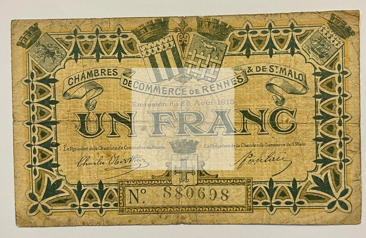 France 1915 Chambre de Commerce and Villes 1 Franc JP-105-15 used banknote from World War I era