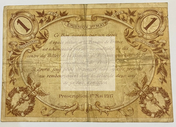 France 1915 Chambre de Commerce and Villes 1 Franc JP-123-01, Used Banknote - Cool Coins & Notes