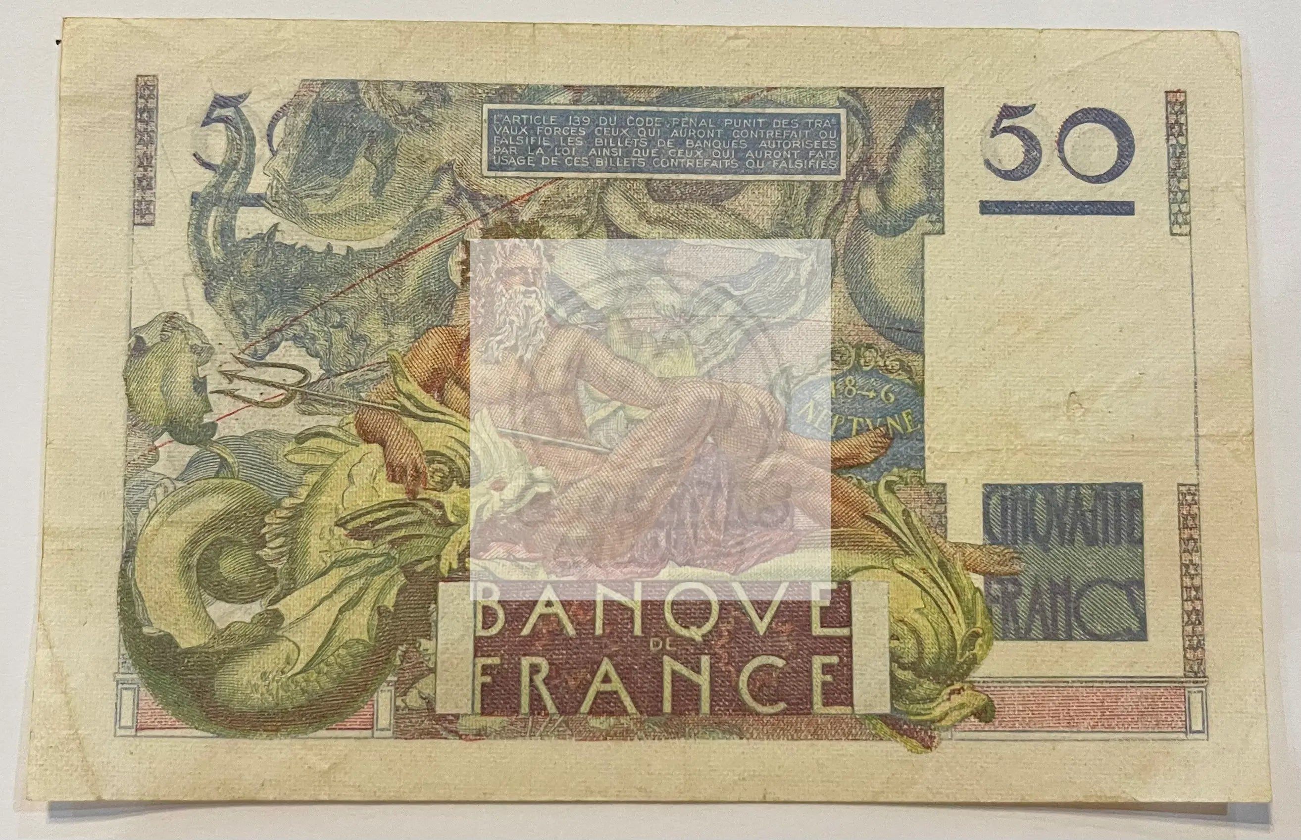 France 1947 50 Francs banknote featuring Poseidon, WWII era collectible currency