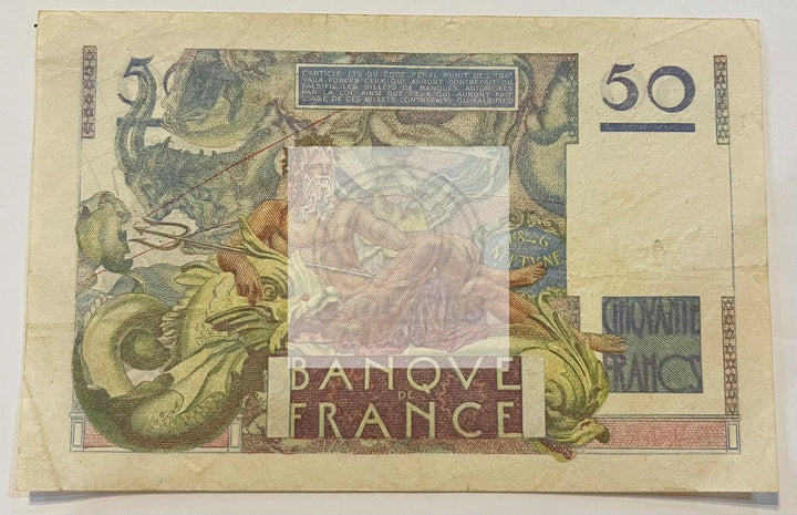 France 1947 50 Francs WW2 Poseidon P127b.1, Used Banknote - Cool Coins & Notes