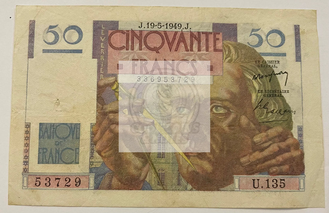 France 1947 50 Francs WW2 Poseidon P127b.1, Used Banknote - Cool Coins & Notes