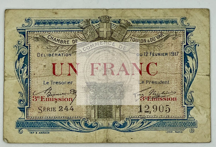 France-Chambre de Commerce and Villes 1 Franc 1917 JP-121-12, Used Banknote - Cool Coins & Notes