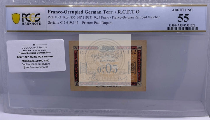 France-Occupied German Terr. R.C.F.T.O P #R1 ND 1923 .05 Franc PCGS 55 About UNC - Cool Coins & Notes