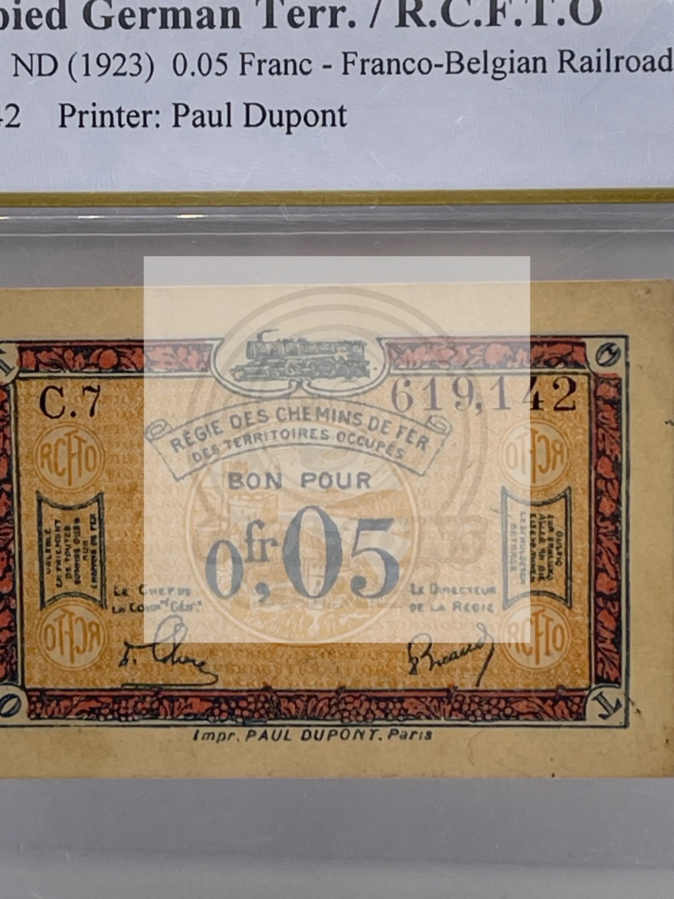 France-Occupied German Terr. R.C.F.T.O P #R1 ND 1923 .05 Franc PCGS 55 About UNC - Cool Coins & Notes