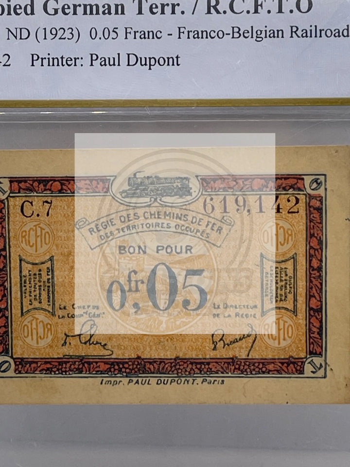 France-Occupied German Terr. R.C.F.T.O P #R1 ND 1923 .05 Franc PCGS 55 About UNC - Cool Coins & Notes
