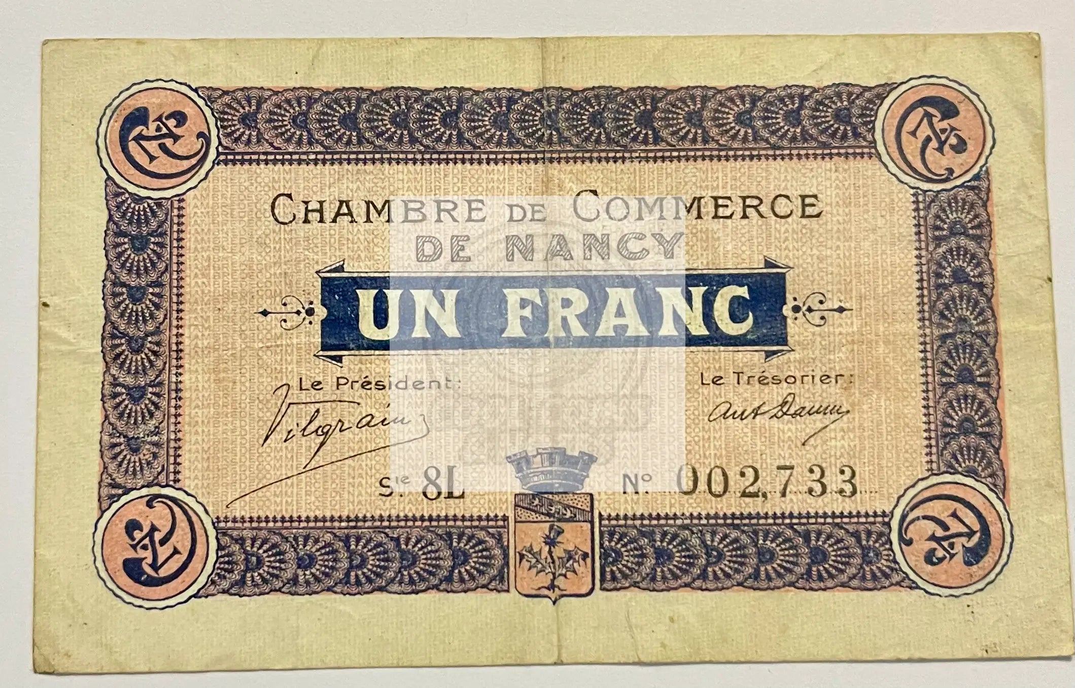 France 1 Franc banknote from Nancy, 1917, used WWII era French currency collector's item