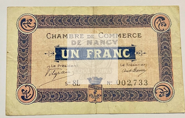 France 1 Franc banknote from Nancy, 1917, used WWII era French currency collector's item