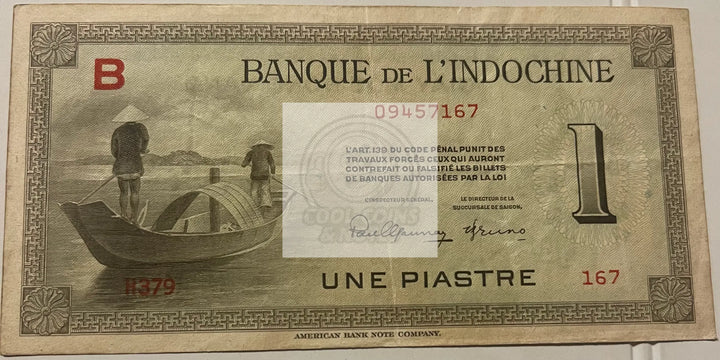 French Indo-China, 1945 Issue, 1 Piastre, Banque De L'iIndochine, P176, F - Cool Coins & Notes