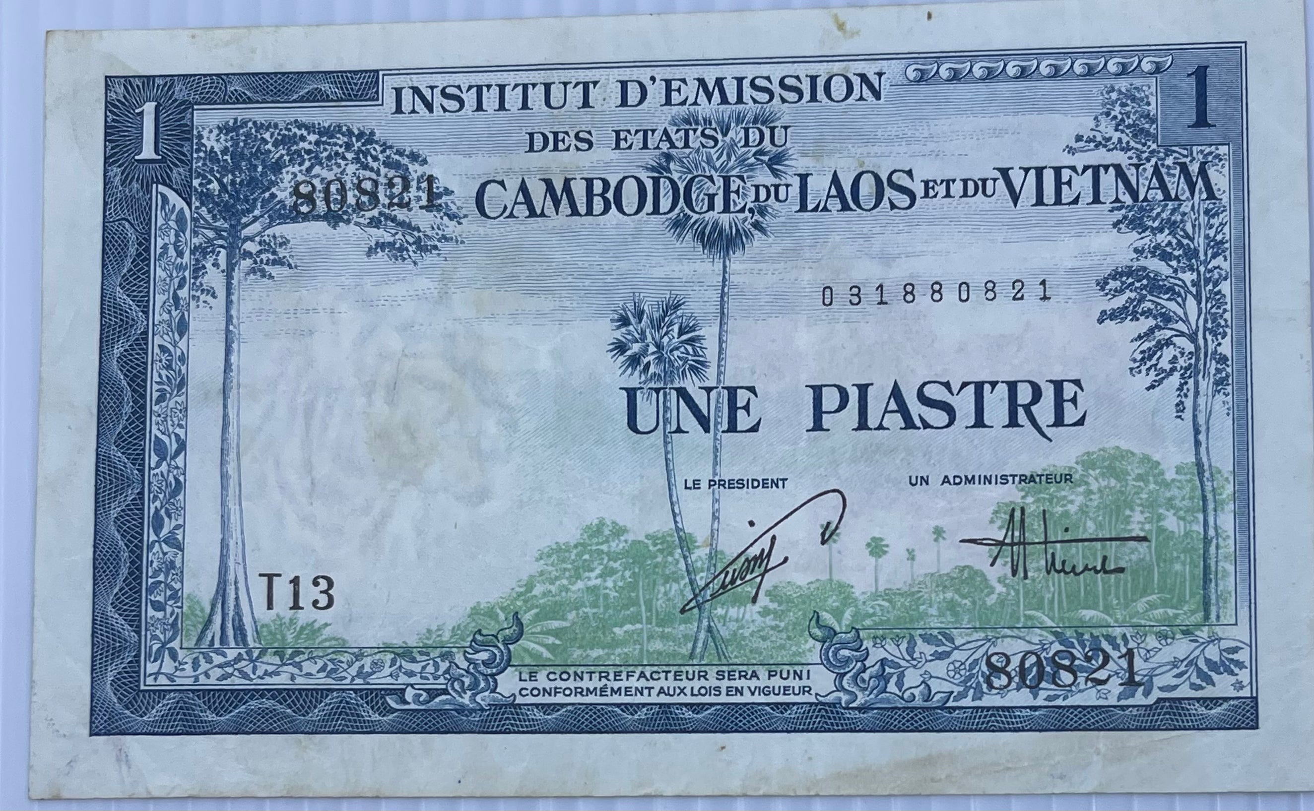 French Indochina 1954 1 Piastre P-105 Used World Banknote Currency - Cool Coins & Notes