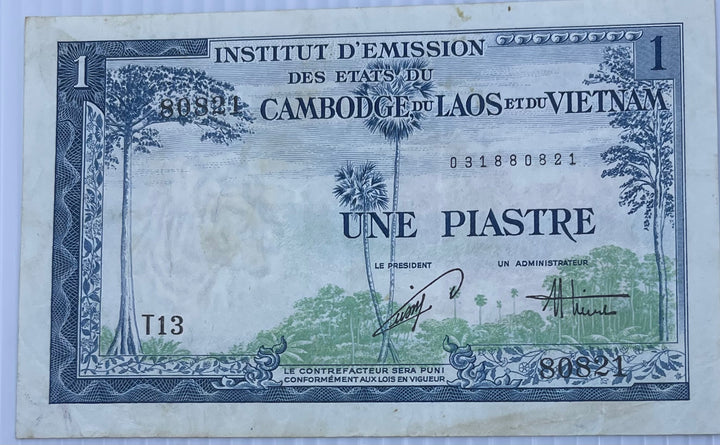 French Indochina 1954 1 Piastre P-105 Used World Banknote Currency - Cool Coins & Notes
