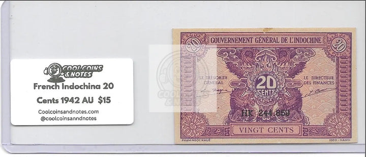 French Indochina 20 cents 1942 AU, Banknote - Cool Coins & Notes