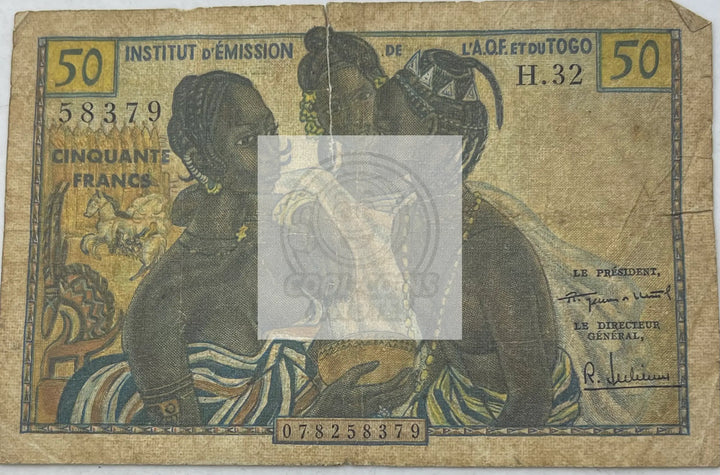 French West Africa 1956 50 Francs P-45, Used World Banknote Currency - Cool Coins & Notes