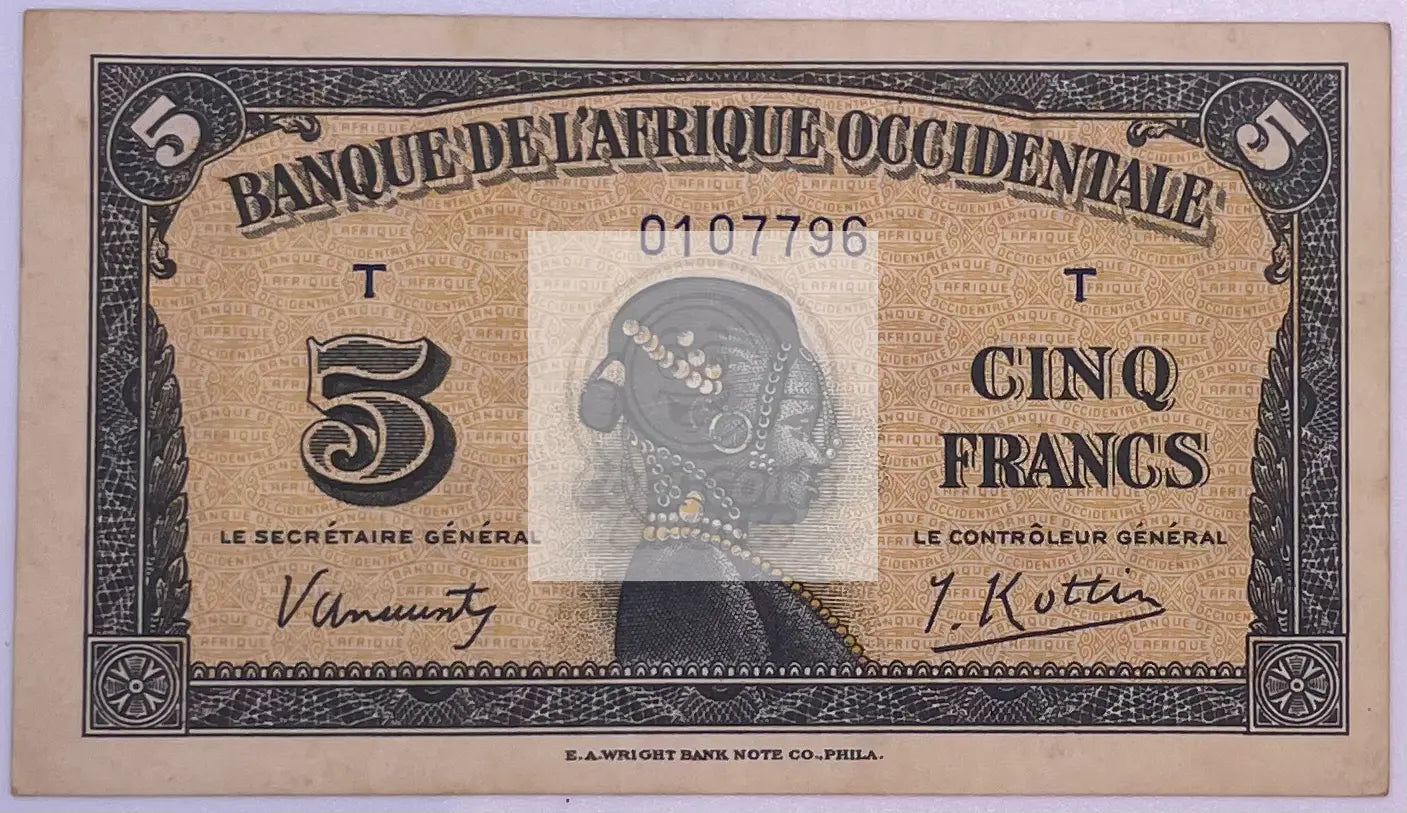 French West Africa 5 Francs 1942 P- 28a Used Banknote - Cool Coins & Notes