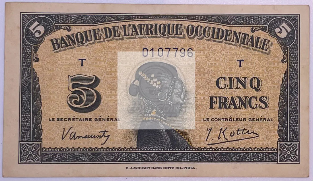 French West Africa 5 Francs 1942 P- 28a Used Banknote - Cool Coins & Notes