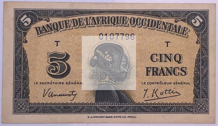 French West Africa 5 Francs 1942 P- 28a Used Banknote - Cool Coins & Notes