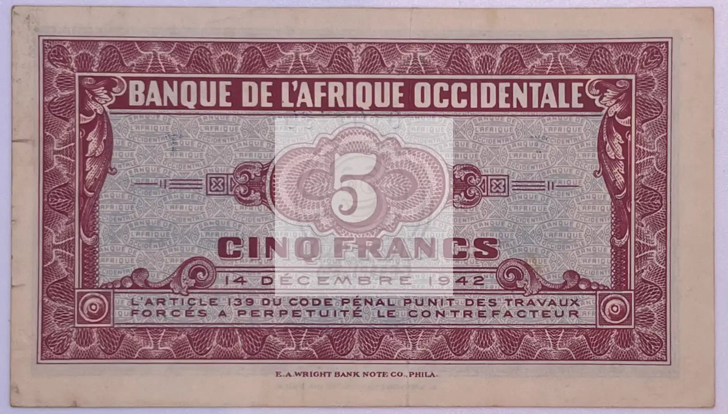 French West Africa 5 Francs 1942 P- 28a Used Banknote - Cool Coins & Notes