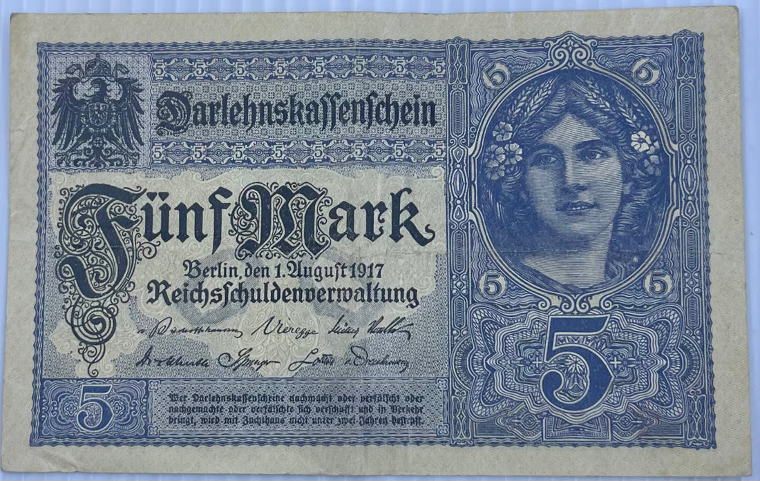 Germany 1917 5 Marks P-56 Used World Banknote From Lot
