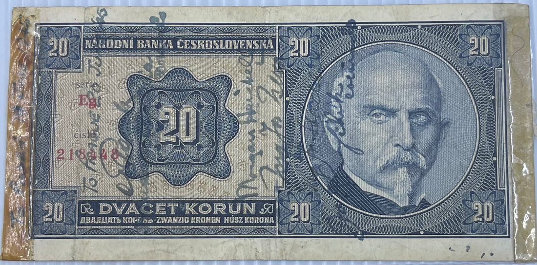 Czechoslovakia 1926 20 Korun P-21 Used World Banknote Short Snorter WW2