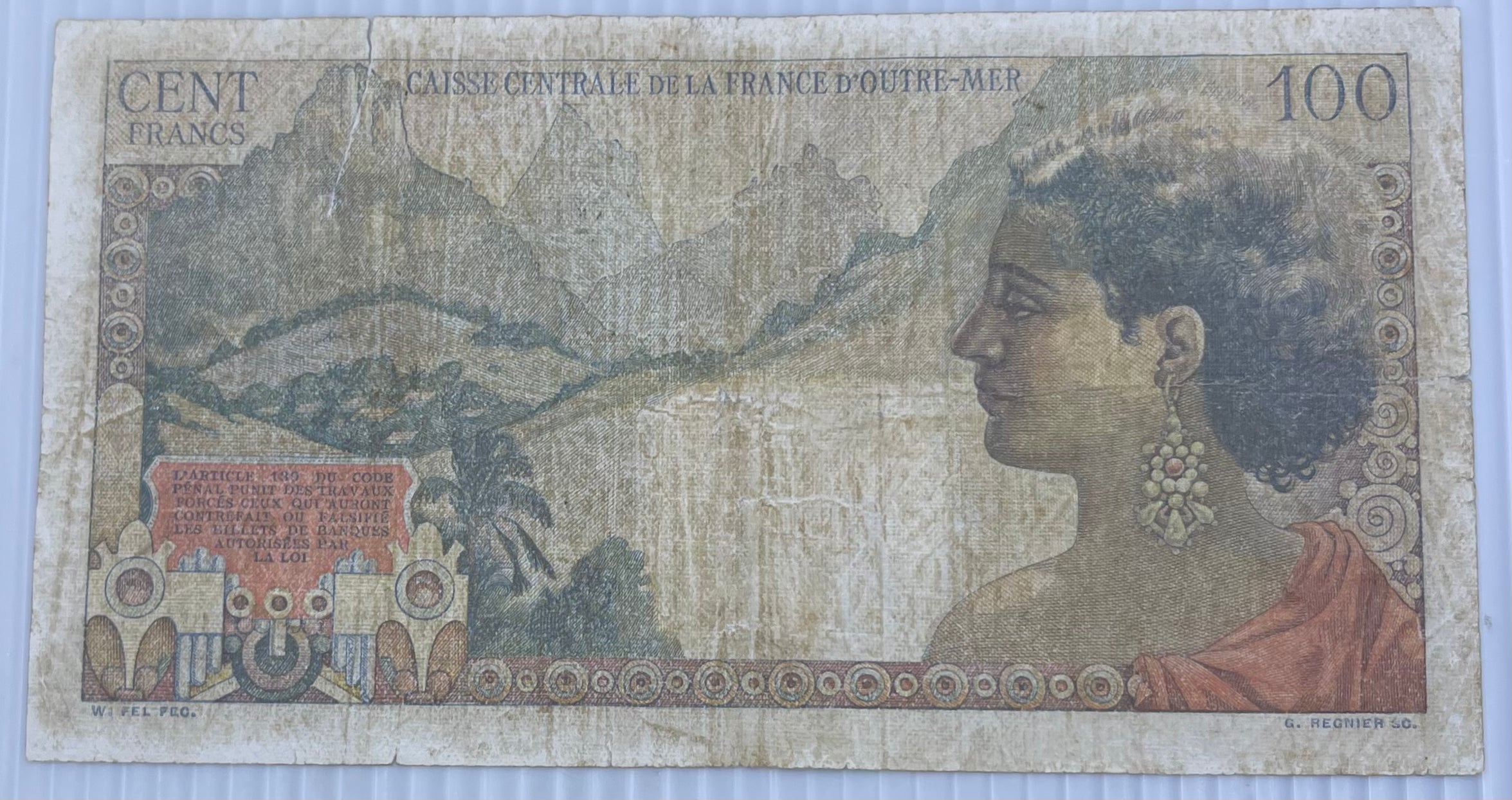 French Equatorial Africa 1947 100 Francs P-23 Tear Used World Banknote