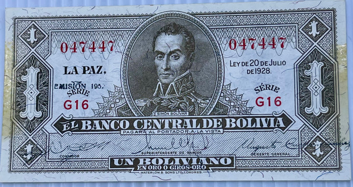 1928 Bolivia 1 Boliviano P-128 Used World Banknote