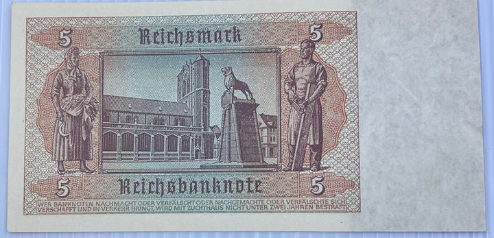 Germany 1941 5 Reichsmark P-186 WW2 Used World Banknote